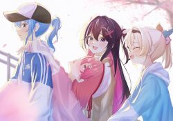  4girls absurdres ahoge alternate_costume arms_on_another's_shoulder azki_(hololive) baseball_cap beret black_hair blonde_hair blue_eyes blue_hair blush brown_jacket casual cherry_blossoms closed_eyes colored_inner_hair double-parted_bangs green_eyes hair_between_eyes hair_intakes hair_ornament hairclip hat highres hololive hood hoodie hoshimachi_suisei jacket kazama_iroha leaf_hair_ornament long_hair long_sleeves looking_at_another medium_hair multicolored_hair multiple_girls open_mouth petals pink_hair ponytail sakura_miko short_ponytail sidelocks smile sweater tsukki upper_body violet_eyes virtual_youtuber 