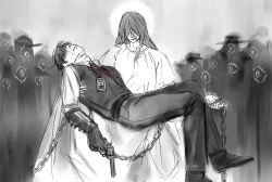  1boy 1girl black_hair black_shoes black_vest carrying carrying_person chain commentary crying death dress english_commentary full_body gauntlets gun hair_over_eyes highres holding holding_chain holding_gun holding_weapon hvcassini98 id_card limbus_company long_hair meursault_(project_moon) mother_and_son necktie pants people princess_carry project_moon red_necktie revolver shirt shoes silhouette single_gauntlet sketch the_stranger_(camus) vest weapon white_dress white_pants white_shirt 