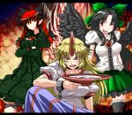  absurdres black_wings braid collaboration highres horn hoshiguma_yuugi kaenbyou_rin meicha_(drill-biyori) meicha_(duelforce) multiple_girls pointy_ears reiuji_utsuho sakazuki thighhighs touhou tsuki_wani twin_braids wings wink zettai_ryouiki 