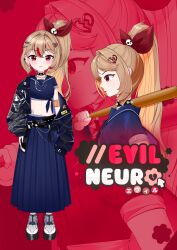  1girl absurdres baseball_bat black_collar black_jacket blue_shirt blue_skirt broken_heart broken_heart_hair_ornament brown_hair character_name closed_mouth collar commentary cropped_shirt english_commentary evil_neuro-sama from_side full_body hair_between_eyes hair_ornament hair_ribbon hairclip heart high_ponytail highres holding holding_baseball_bat jacket jewelry kikomocreative long_hair long_skirt long_sleeves multicolored_hair multiple_necklaces multiple_views navel necklace ponytail profile red_eyes red_hair red_ribbon ribbon shirt shoes skirt spiked_collar spikes standing straight-on streaked_hair vedal_ai virtual_youtuber white_shoes zoom_layer 