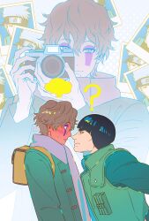  2boys ? absurdres backpack bag black_hair blunt_bangs blush bodysuit bowl_cut brown_eyes brown_hair camera cheekbones commentary_request dual_persona facial_mark flak_jacket furrowed_brow green_bodysuit green_jacket green_vest grey_hair grey_scarf hair_between_eyes hatake_kakashi headband_over_one_eye highres holding holding_camera jacket konohagakure_symbol korean_commentary leaning_forward looking_at_another m0_mo_momo male_focus might_guy mole mole_under_mouth multiple_boys naruto_(series) naruto_shippuuden orange_bag parted_lips photo_(object) scarf short_hair spiky_hair sukea_(naruto) sweatdrop taking_picture thick_eyebrows upper_body vest wavy_hair 