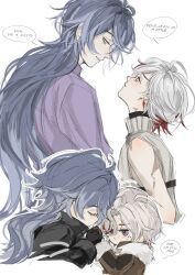  2boys bare_shoulders chibi chibi_inset earrings flins_(genshin_impact) fur_trim genshin_impact height_difference highres illuga_(genshin_impact) illugalnwza jacket jewelry looking_at_another male_focus mole mole_under_eye multiple_boys open_mouth scar scar_on_arm scar_on_neck single_earring sleeveless speech_bubble turtleneck white_background 