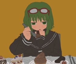  1girl black_serafuku cake cake_slice eyewear_on_head food fork green_eyes green_hair gumi highres holding holding_fork kousou_(vanilla_rkgk) long_sleeves mont_blanc_(food) open_mouth plate red-framed_eyewear school_uniform serafuku solo swiss_roll tears yellow_background yowamushi_mont-blanc_(vocaloid) 