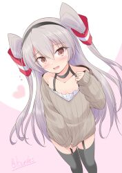  1girl alternate_costume amatsukaze_(kancolle) black_choker black_hairband black_thighhighs brown_eyes brown_sweater choker commentary_request dress feet_out_of_frame from_above garter_straps grey_hair hairband highres kantai_collection long_hair looking_at_viewer one-hour_drawing_challenge shizuna_kaede smile solo sweater sweater_dress thigh-highs two_side_up 