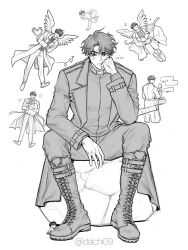  2boys :/ belt_collar between_legs black_coat black_hair black_shirt boots coat collar commentary curtained_hair dalchi09 elbow_on_knee english_commentary feathered_wings full_body greyscale hand_between_legs head_rest holding holding_stuffed_toy kim_dokja looking_at_viewer monochrome multiple_boys multiple_views omniscient_reader's_viewpoint open_clothes open_coat rock shirt short_hair sitting stuffed_toy white_wings wings yoo_joonghyuk 