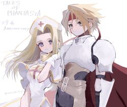  1boy 1girl absurdres anniversary armor black_bodysuit blonde_hair blue_eyes blush bodysuit brown_eyes cape copyright_name cress_albane dress gloves hair_intakes hashtag-only_commentary hat headband highres long_hair looking_at_viewer mint_adenade nancykittyu nurse_cap red_cape red_headband short_hair short_sleeves simple_background smile tales_of_(series) tales_of_phantasia white_background white_dress white_gloves 