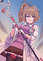  1girl :d absurdres ardelia_(arknights) arknights arknights:_endfield bare_shoulders bow bowtie brown_hair brown_thighhighs clothes_writing commentary cowboy_shot curled_horns detached_sleeves eyjafjalla_(arknights) fingerless_gloves gloves grey_horns hair_between_eyes hair_ornament hairclip highres holding horns light_blush medium_hair open_mouth pink_eyes pink_shirt risu_(risu028) sheep_girl sheep_horns shirt sleeveless sleeveless_shirt smile solo split_mouth standing thigh-highs white_bow white_bowtie white_gloves white_sleeves wide_sleeves 