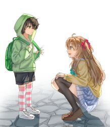  1boy 1girl aged_down ahoge aqua_bow aqua_bowtie asymmetrical_legwear backpack bag black_hair black_shorts black_socks black_thighhighs blue_eyes blue_sailor_collar blue_skirt bow bowtie brown_hair brown_shoes cardigan closed_mouth eananaia from_side full_body green_bag green_eyes green_hoodie hair_ornament hair_ribbon hashtag-only_commentary heart heart_hair_ornament highres hood hoodie loafers long_hair long_sleeves neuro-sama open_mouth personification pink_thighhighs pleated_skirt profile red_ribbon ribbon sailor_collar shoes short_hair shorts single_sock single_thighhigh skirt socks squatting standing striped_clothes striped_thighhighs thigh-highs two_side_up uneven_legwear vedal987 vedal_ai virtual_youtuber white_shoes white_thighhighs yellow_cardigan 