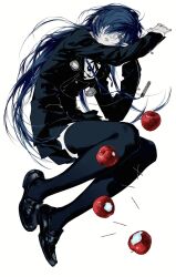  1girl apple black_jacket black_ribbon black_shoes black_skirt black_thighhighs blue_hair commentary_request digital_walkman earphones_removed eyes_visible_through_hair food fruit full_body gekkoukan_high_school_uniform genderswap genderswap_(mtf) grey_eyes hair_over_one_eye highres jacket jing_zhi_kaoxiang_yu_re_zhong long_hair long_sleeves looking_at_viewer mp3_player neck_ribbon parted_lips persona persona_3 pin pleated_skirt ribbon school_uniform shoes simple_background skirt solo thigh-highs very_long_hair walkman_nw-s203f white_background yuuki_makoto_(persona_3) zettai_ryouiki 
