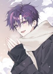  1boy black_coat clouds coat commentary_request earrings fang hair_between_eyes hair_ornament highres j168000 jewelry korean_commentary looking_at_viewer male_focus mole mole_on_cheek multicolored_hair oto_rainy purple_hair scarf skoshism solo streaked_hair stud_earrings violet_eyes 