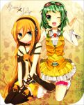  bad_id blonde_hair blue_eyes boots goggles goggles_on_head green_eyes green_hair gumi headphones highres lily_(vocaloid) long_hair multiple_girls navel short_hair skirt smile thigh_boots thighhighs vocaloid wink wrist_cuffs yuyupo 