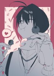  1other absurdres ahoge androgynous awapontasu commentary_request eating fate/samurai_remnant fate_(series) food food_in_mouth greyscale_with_colored_background hair_intakes happy heart highres holding holding_food holding_skewer japanese_clothes jewelry necklace other_focus portrait red_background skewer smile solo spoken_heart takoyaki yamato_takeru_(fate) 