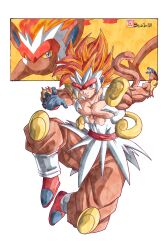  1boy absurdres beatlo_(rodrigo38658978) blue_eyes body_fur brown_fur brown_pants commentary dragon_ball english_commentary full_body highres humanization infernape monkey_boy orange_hair pants pokemon red_hair topless_male white_fur white_hair yellow_eyes 