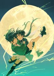  2girls an-an_lee ankle_boots black_boots black_dress black_gloves black_hair black_skirt blue_sky boots carrying carrying_person dress feet_out_of_frame floating_hair full_body full_moon gauze_on_knee gloves green_jacket grin hair_floating_upwards hand_on_another's_shoulder highres huge_moon jacket kani_(kaniya) liang_yue_(reverse:1999) lightning long_hair looking_at_viewer low_twintails miniskirt moon multiple_girls ponytail princess_carry reverse:1999 short_dress skirt sky smile socks teeth thigh_boots twintails white_socks yellow_eyes 