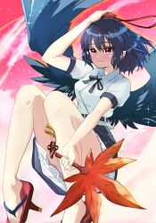  1girl absurdres black_hair black_ribbon black_skirt black_wings breasts closed_mouth collared_shirt commentary_request convenient_leg feet_out_of_frame frilled_skirt frills geta halo_(user_csuw2335) happy hat hauchiwa highres medium_breasts neck_ribbon no_socks puffy_short_sleeves puffy_sleeves red_eyes red_hat red_sandals ribbon sandals shameimaru_aya shirt short_hair short_sleeves skirt smile solo tengu-geta tokin_hat touhou white_shirt wings 