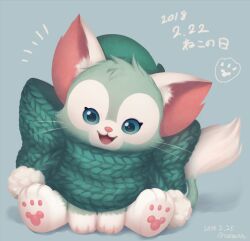  1boy animal_ears beret blue_eyes cat cat_boy cat_ears commentary_request duffy_and_friends full_body furry gelatoni green_fur hat looking_at_viewer lowres no_humans nonana_(galaxycat89p13) smile stuffed_animal stuffed_toy tagme 