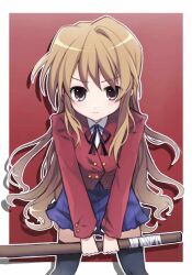  1girl 545s_(user_azfy2553) aisaka_taiga black_bow black_bowtie black_thighhighs blazer blue_skirt blush_stickers bokken border bow bowtie brown_eyes brown_hair commentary cowboy_shot drop_shadow english_commentary hair_between_eyes highres holding holding_sword holding_weapon jacket long_hair long_sleeves looking_at_viewer miniskirt oohashi_high_school_uniform over-kneehighs red_background red_jacket school_uniform skirt solo sword thigh-highs toradora! wavy_hair weapon white_border wooden_sword zettai_ryouiki 