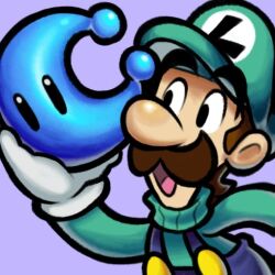 1boy alternate_color alternate_costume axelorca blue_overalls brown_hair commentary english_commentary facial_hair gloves green_hat green_sweater hat luigi mario_&amp;_luigi_rpg mustache open_mouth overalls power_moon purple_background short_hair simple_background super_mario_bros. sweater turtleneck turtleneck_sweater upper_body white_gloves 