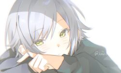 1girl ame_yuu_02 closed_mouth commentary crossed_arms green_eyes green_jacket grey_hair hair_between_eyes head_rest hinomori_shiho jacket light_blush long_sleeves looking_at_viewer portrait project_sekai short_hair sidelocks simple_background solo symbol-only_commentary twitter_username white_background 