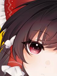  1girl artist_request black_hair bow close-up closed_mouth commentary_request diamond_in_eye eye_focus frilled_bow frilled_hair_tubes frills hair_bow hair_tubes hakurei_reimu highres looking_at_viewer red_bow red_eyes solo thick_eyelashes touhou yellow_background 