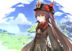  1girl absurdres blue_sky brown_hair chinese_clothes chinese_commentary clouds commentary_request day flower flower-shaped_pupils genshin_impact hair_between_eyes hat hat_flower hat_ornament highres hu_tao_(genshin_impact) long_hair long_sleeves looking_at_viewer mountain multicolored_hair open_mouth outdoors red_eyes red_shirt shirt sidelocks sky sleeves_past_wrists solo symbol-shaped_pupils tree twintails very_long_hair yingzi_hu_yu_kong 
