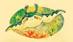  air_bubble animal_focus bright_pupils bubble closed_mouth commentary_request coral full_body looking_at_viewer mantine no_humans painting_(medium) pokemon pokemon_(creature) solo traditional_media watercolor_(medium) white_eyes white_pupils yukichi_0611 