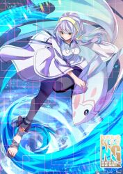  1girl blue_pants blue_sash breasts commentary_request fish headband izumi_(under_night_in-birth) long_hair long_sleeves medium_breasts nanami_shingu pants sash scrunchie shirt shoes side_ponytail under_night_in-birth water whirlpool white_hair white_shirt white_shoes yellow_eyes yellow_headband yellow_scrunchie 