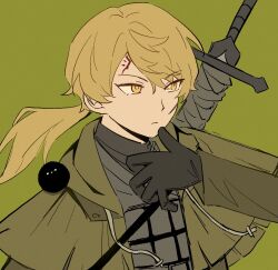  1boy a_certain_sinclair_(project_moon) animal_on_shoulder bird bird_on_shoulder black_gloves blonde_hair bulletproof_vest capelet closed_mouth facial_mark forehead_mark gloves green_background green_capelet green_jacket hand_up highres jacket limbus_company long_hair looking_to_the_side low_ponytail male_focus mubzhmngdedngp1 ponytail project_moon scar scar_on_face sheath sheathed simple_background sinclair_(project_moon) solo spoilers sword sword_on_back upper_body weapon weapon_on_back yellow_eyes 