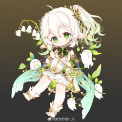  1girl absurdres ahoge anklet black_background black_sleeves bloomers boots brown_background chibi chinese_commentary closed_mouth colored_tips commentary_request commission detached_sleeves dot_nose dress eyelashes flower genshin_impact gold_anklet gradient_background green_eyes hair_between_eyes hair_ornament happy highres holding holding_flower jewelry leaf_hair_ornament light_particles lily_of_the_valley long_hair long_sleeves looking_at_viewer multicolored_hair nahida_(genshin_impact) nuli_de_chengzhi_er pointy_ears sample_watermark short_dress side_ponytail sleeveless sleeveless_dress smile socks solo stirrup_legwear tailcoat tareme toeless_legwear two-sided_dress two-sided_fabric two-tone_background variant_set vision_(genshin_impact) watermark weibo_watermark white_bloomers white_dress white_flower white_hair white_socks 