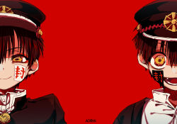  2boys aoirnn artist_name black_hair brothers closed_mouth commentary_request fang gakuran gakuseibou hanako_(jibaku_shounen_hanako-kun) hat highres jibaku_shounen_hanako-kun looking_at_viewer male_focus multiple_boys open_mouth red_background school_uniform short_hair siblings simple_background smile solo split_crop twins yellow_eyes yugi_tsukasa 