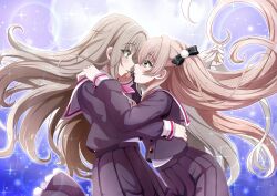  2girls black_shirt black_skirt brown_hair commentary_request d4dj eye_contact grey_eyes hand_in_another's_hair hand_on_another's_face highres long_hair looking_at_another mito_youki multiple_girls parted_lips pink_hair pleated_skirt sailor_collar shinomiya_kokoa shirt skirt sparkle tendo_hayate white_sailor_collar yuri 