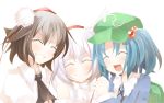  3girls animal_ears arashiya blue_hair brown_hair bust closed_eyes hat inubashiri_momiji kawashiro_nitori multiple_girls open_mouth portrait shameimaru_aya short_hair smile tokin_hat touhou white_hair wolf_ears 