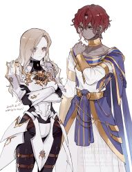  1boy 1girl absurdres armor artist_name black_bodysuit blonde_hair bodysuit bracer brown_eyes commentary_request crossed_arms dark-skinned_male dark_skin dated dohalim_(tales) earrings gold_choker hair_between_eyes hand_on_own_shoulder highres jewelry kisara_(tales) long_hair looking_at_another nancykittyu red_hair robe short_hair simple_background tales_of_(series) tales_of_arise white_armor white_background white_robe 