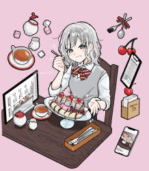  1girl banana_split bow bowtie cellphone chair cherry commentary_request cup food fruit grey_eyes grey_hair grey_sweater_vest hand_up highres holding holding_spoon ice_cream looking_at_viewer medium_hair menu nozawa_(nooo1709) original phone pink_background shirt sitting smartphone solo spoon striped_bow striped_bowtie striped_clothes sugar_cube sweater_vest table tea teacup whipped_cream white_shirt 