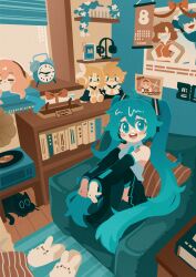  1girl antenna_hair black_boots black_skirt blue_eyes blue_hair blush bookshelf boots calendar_(object) cat character_doll character_request commentary detached_sleeves doll english_commentary hatsune_miku headset indoors kagamine_len kagamine_rin knees_up long_hair long_sleeves looking_at_viewer megurine_luka open_mouth phonograph pleated_skirt projecttiger sitting skirt slippers smile solo stuffed_toy teeth thigh_boots twintails upper_teeth_only very_long_hair vocaloid window 