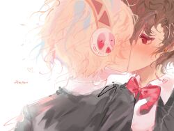  2girls aigis_(persona) aloeaori android artist_name black_jacket blonde_hair blush bow bowtie brown_hair commentary facing_another gekkoukan_high_school_uniform gold_hairband hair_ornament hairband hairclip heart highres jacket kiss looking_at_another multiple_girls persona persona_3 persona_3_portable portrait red_bow red_bowtie red_eyes robot_ears school_uniform shiomi_kotone simple_background white_background wing_collar yuri 