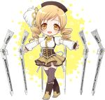  :d :o beret blonde_hair blush boots brown_legwear crossed_legs_(standing) detached_sleeves drill_hair field_of_blades fingerless_gloves gloves gun hair_ornament hairpin happy hat magical_girl magical_musket mahou_shoujo_madoka_magica mochiya_marosuke open_mouth outstretched_arms outstretched_hand pleated_skirt puffy_sleeves ribbon rifle short_hair skirt smile solo standing thigh-highs thighhighs tomoe_mami twin_drills twintails vertical-striped_legwear vertical_stripes weapon yellow_eyes zettai_ryouiki 