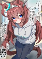  1girl absurdres animal_ears black_pants blue_eyes blush breasts brown_hair commentary_request hair_between_eyes hairband highres hood hoodie horse_ears horse_girl horse_tail large_breasts leaning_forward long_hair looking_at_viewer metal_hairband mihono_bourbon_(umamusume) open_mouth pants shikimiya_life solo tail umamusume white_hoodie 
