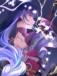  1girl absurdres arm_up back_bow back_tattoo bow clothing_cutout electricity english_commentary from_side genshin_impact glowing glowing_eyes glowing_hair glowing_sword glowing_weapon highres holding holding_sword holding_weapon human_scabbard i_a_n japanese_clothes katana kimono long_braid looking_at_viewer looking_to_the_side mitsudomoe_(shape) mole mole_under_eye multicolored_eyes multicolored_hair musou_isshin_(genshin_impact) off_shoulder open_mouth powering_up purple_hair purple_kimono raiden_shogun red_sash sash shoulder_cutout solo streaked_hair sword tattoo tomoe_(symbol) upper_body violet_eyes weapon wide_sleeves 