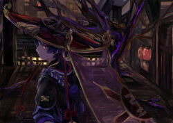  1boy bare_tree black_hat black_kimono black_sleeves blunt_ends bright_pupils closed_mouth commentary_request eyeliner from_side genshin_impact gold gold_trim hat indoors japanese_clothes jewelry jingasa juban kimono lantern looking_at_viewer makeup male_focus neck_ring paper_lantern purple_bag purple_hair purple_rope purple_veil red_eyeliner red_hat red_kimono rope scaramouche_(genshin_impact) shimenawa shiramigame short_sleeves smile solo tree tsurime two-tone_hat veil violet_eyes white_kimono white_pupils white_rope 