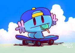  :| backwards_hat baseball_cap candy chromatic_aberration closed_mouth commentary_request day food hat highres lollipop lollipop_in_mouth no_humans pokemon pokemon_(creature) pokemon_focus saba_hokke skateboard sky wooper 