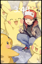  1boy 88_(einnimnech) :d alternate_costume black_shirt brown_hair closed_eyes commentary_request day double_v fake_phone_screenshot fake_screenshot happy highres hood hood_down hooded_jacket jacket long_sleeves male_focus open_mouth outdoors pants pikachu pokemon pokemon_(creature) red_(pokemon) shirt shoes short_hair signature smile squatting timestamp v 