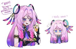  1girl absurdres alcohol armlet artist_name bangle bare_shoulders beer black_bodysuit black_nails blue_eyes blush bodysuit bracelet braid breasts bridal_gauntlets citlali_(genshin_impact) cleavage_cutout closed_mouth clothing_cutout commentary cup drinking_glass drunk empty_eyes english_commentary english_text facial_mark feather_hair_ornament feathers fingernails flying_sweatdrops food forehead_mark genshin_impact gold_armlet gold_ring gradient_hair hair_between_eyes hair_ornament hair_tubes hands_up highres holding holding_cup holding_plate jewelry long_hair looking_ahead looking_at_viewer medium_breasts mizah_(mizah) multicolored_hair multiple_rings multiple_views nail_polish necktie open_mouth pink_hair pink_pupils plate purple_hair purple_necktie ring salad simple_background smile sparkle speech_bubble sweatdrop teeth tongue twin_braids upper_body v-shaped_eyebrows white_background 