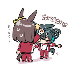  2girls absurdres air_groove_(umamusume) animal_ears bow brown_hair chibi commentary_request deformed ear_bow ear_ornament green_hair gym_shirt hand_on_another's_head headpat highres horse_ears horse_girl horse_tail jacket kiseki_(umamusume) long_sleeves morizu929 multiple_girls pants red_jacket red_pants red_track_suit shirt short_hair tail tracen_training_uniform track_jacket track_pants track_suit translation_request umamusume 