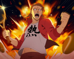  1boy absurdres black_clover black_clover_m:_rise_of_the_wizard_king blank_eyes brown_hair clenched_hand facial_mark forehead_mark fuegoleon_vermillion highres holding holding_tennis_racket jacket long_hair looking_at_viewer non-web_source official_alternate_costume official_art open_clothes open_jacket open_mouth pants racket red_jacket red_pants shirt teeth tennis_racket white_shirt 