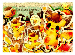  :3 blush book commentary_request cup deerstalker detective_pikachu_(game) detective_pikachu_(series) english_text flower happy hat holding holding_magnifying_glass light_bulb magnifying_glass mixed_media no_humans open_mouth pikachu pokemon pokemon_(creature) spoken_light_bulb traditional_media watercolor_pencil_(medium) yukichi_0611 