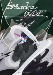  1boy absurdres black_gloves black_hair black_robe black_tunic censored censored_identity commentary copyright_name cowboy_shot english_commentary faceless facing_viewer gloves high_ponytail highres holding holding_mask horns long_hair male_focus mask mountainous_horizon ponytail robe shadow_slave shoulder_pads solo sunny_(shadow_slave) swift6000 tunic wind wind_lift 