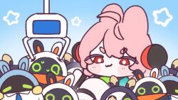  :3 animal_ear_fluff animal_ears bandana bangboo_(zenless_zone_zero) braid braided_twintails bright_pupils commentary_request furry furry_female highres mikurumikurumi orange_bandana pink_fur rabbit_ears rabbit_girl red_eyes twin_braids white_pupils zenless_zone_zero zhao_(zenless_zone_zero) 