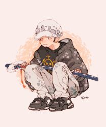  1boy :/ akuta_ji black_hair black_shirt black_shoes closed_mouth commentary_request facial_hair frown full_body goatee grey_background grey_jacket grey_pants hat highres holding holding_sword holding_weapon hood hooded_jacket jacket long_sleeves looking_to_the_side male_focus one_piece pants print_shirt shirt shoes sideburns sideways_glance simple_background sneakers spotted_pants sword trafalgar_law ugly_bastard weapon white_hat 