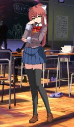  1girl black_thighhighs blazer blue_skirt bow bowtie brown_hair brown_shoes chair chalkboard classroom collared_shirt commentary desk doki_doki_literature_club doki_doki_literature_club_school_uniform english_commentary full_body green_eyes grey_jacket hair_between_eyes hair_bow head_rest high_ponytail indoors jacket loafers long_hair long_sleeves looking_to_the_side miniskirt monika_(doki_doki_literature_club) nastpaper orange_sweater_vest penny_loafers pixel_art pixelated pixelated_background pleated_skirt ponytail red_bow red_bowtie school_chair school_desk school_uniform shirt shoes skirt sweater_vest swept_bangs thigh-highs white_bow zettai_ryouiki 